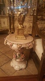Capodimonte pedestal and chandelier lamp with rock crystals