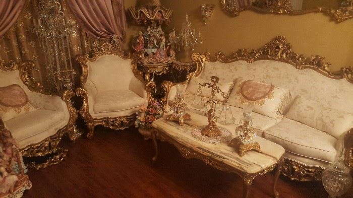 French Rococo 6-piece set includes sofa, two chairs, two Throne chairs