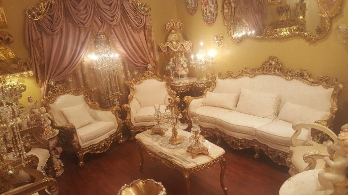 French Rococo formal living room set with gold frame and chair upholstery like new. This set includes sofa, two chairs, two Throne chairs and table in perfect condition