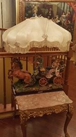 Antique horse and carriage large size with crystal lamp shade
