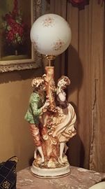 Antique large sizing Capodimonte Italian lamp with hand-painted lamp shade