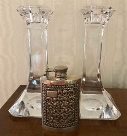 Pair of Orrefors Candlesticks and Ornate Sterling Flask