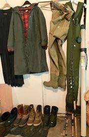 Fishing Waders, Rods, and Case