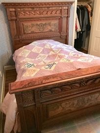 Beautifully Carved Double Bed with Matching Dresser and Vintage Basket Quilt