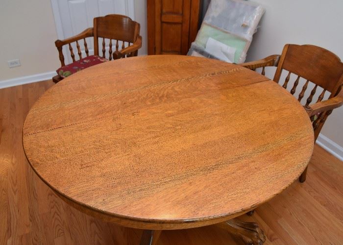 BUY IT NOW! $600 - Antique Oak Pedestal Dining Table with Claw Feet and 4 Spindle Back Armchairs (approx. 45" Dia x 29" H)