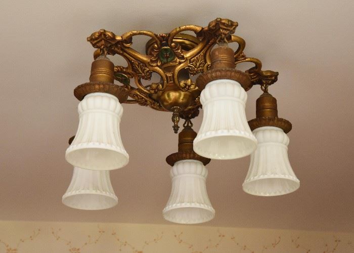 BUY IT NOW! $500 - Antique Victorian Brass 5 Lamp Ceiling Light Fixture with White Glass Shades