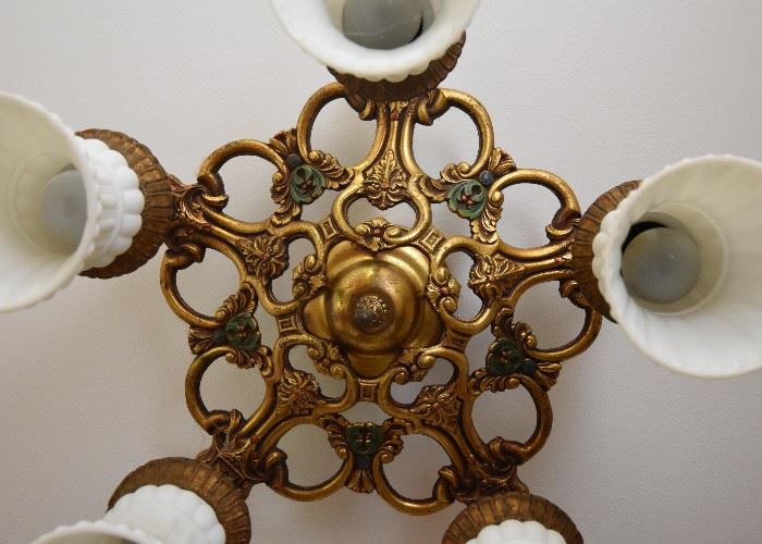 BUY IT NOW! $500 - Antique Victorian Brass 5 Lamp Ceiling Light Fixture with White Glass Shades