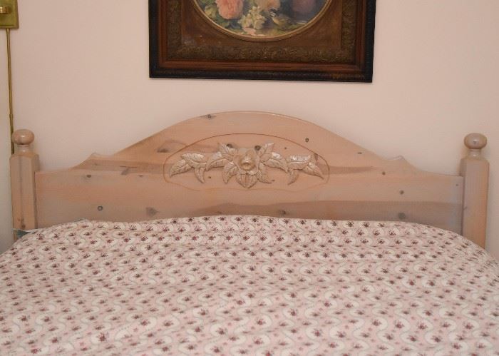 BUY IT NOW! $300 - Queen Size Pickled Pine Bed with Headboard & Footboard, Carved Rose Detail