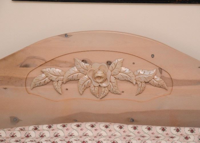 BUY IT NOW! $300 - Queen Size Pickled Pine Bed with Headboard & Footboard, Carved Rose Detail