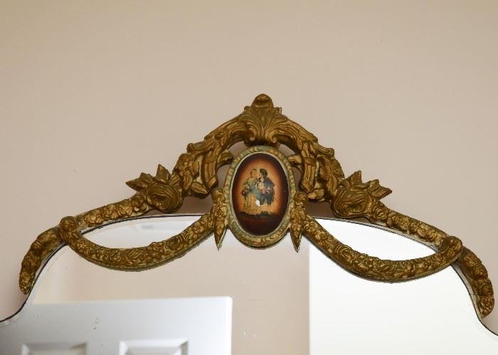 Antique Wall Mirror with Brass & Enamel Medallion