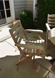 BUY IT NOW! $700 - Teak Patio Dining Table, 4 Chairs & Umbrella (ALMOST NEW, table approx. 36" Dia x 29" H)