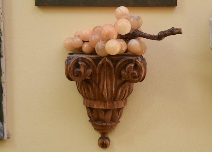 Wood Carved Pedestal Wall Shelf, Stone Carved Grapes Bunch