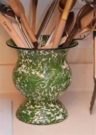 Antique Green Swirl Enamelware / Graniteware Vase