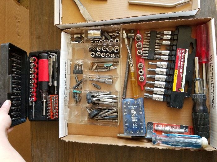 Box of Approx 50 screwdrivers, driver bits, sockets, and more