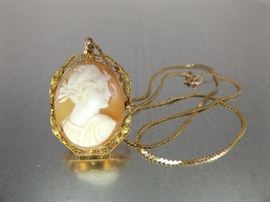 14K Yellow Gold Carved Shell Cameo Brooch on a 14K Chain
