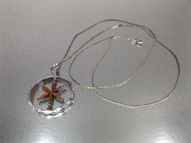 Sterling Silver Necklace and Turquoise and Red Coral Pendant
