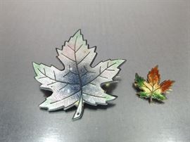 2 Sterling Silver Enamel Maple Leaf Brooches
