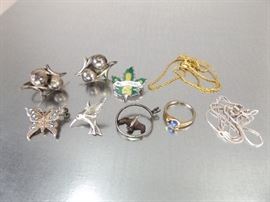 Lot of Misc. Sterling Silver Pins, Pendants, Rings, etc.
