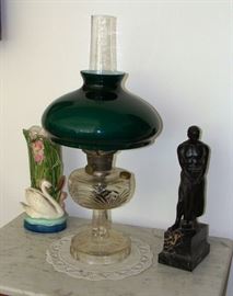 Bronze roman figure on marble base(SOLD), Aladdin Bell stem oil lamp with cased shade