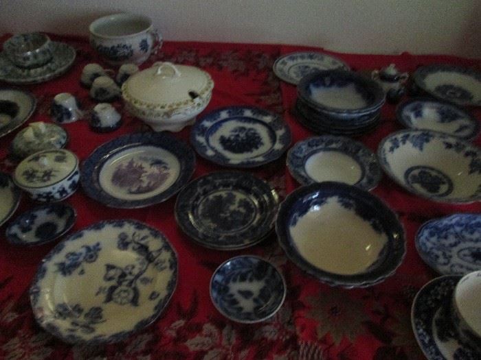 Large Collection of Flow Blue Antique Dishes