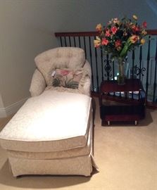 gorgeous neutral chaise, decorative pillow and and side table on upper hall