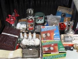Power strippers, Vintage Oil pump can, Porcelain wire connectors, Sand paper, Scotch Brite, Vintage small mike bottles, Nuts &  Bolts in Jars, 