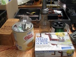 Vintage Oil Bottle w/extra top, Apple Peeler, Roll of wire