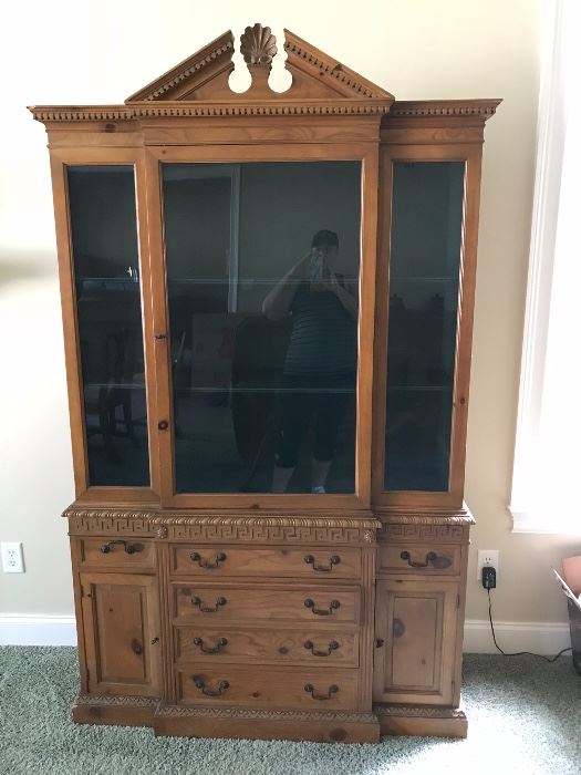 Another large break front piece of Drexel The Pine Group furniture. All original glass, wonderful storage for a dining room, study, office, living room or great room. 