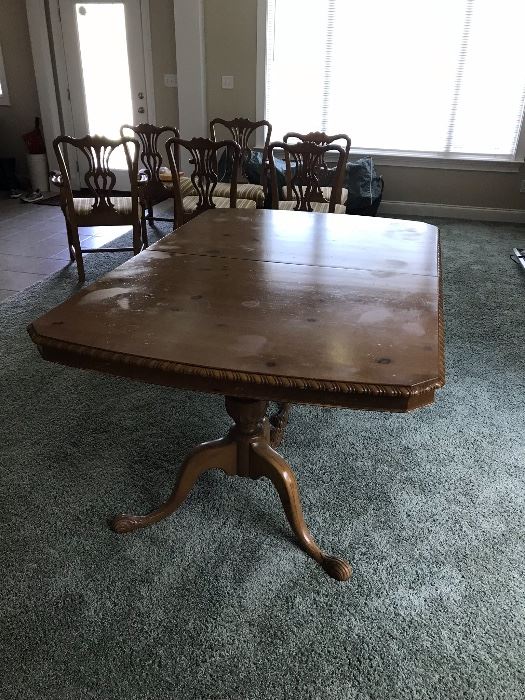 This is the table for Drexel The Pine Group. The top needs some work, but the table has three leaves and will expand to seat 10 comfortably (12 if two share each end). This is a terrific table for large families.
