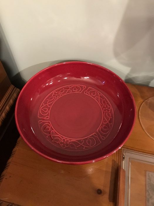 Large ceramic red chip/serving bowl in excellent shape. No chips, cracks or crazing.