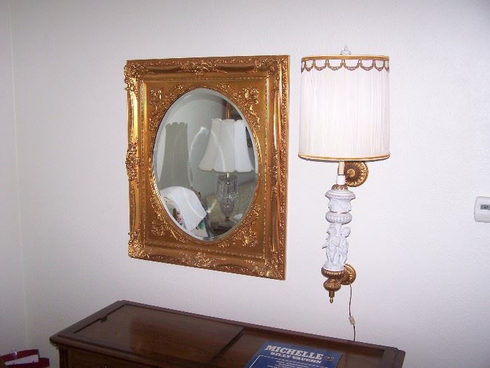 LARGE GILT-FRAMED MIRROR & WALL LAMP
