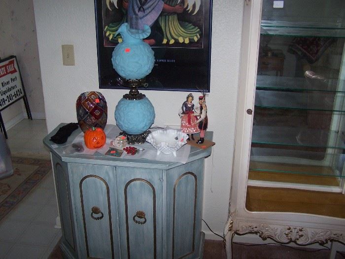 PAINTED CREDENZA, BLUE TIFFIN LAMP & MISC.