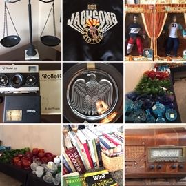 Justice scales, 1984 Jacksons world tour jacket, Nsync dolls, rollei camera, Lalique 1976 plate, HUGE collection of every color of stars & moon glass, 