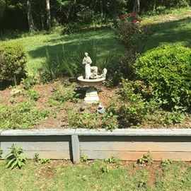 Outdoor statues, bird bath