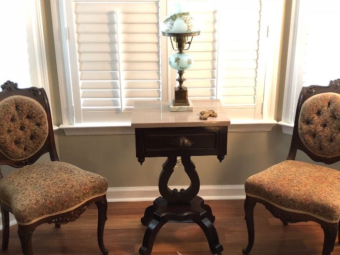 Marble Top Harp Table & Matching Antique Chairs