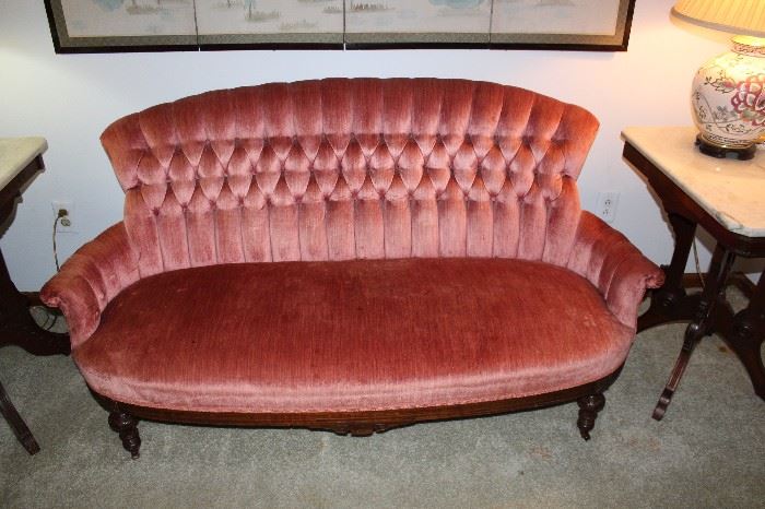 Velvet upholstered settee, tufted back Victorian