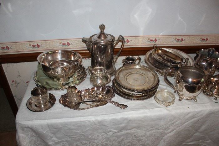 Lots of silverplated serving pieces, some dating to the late 1800s