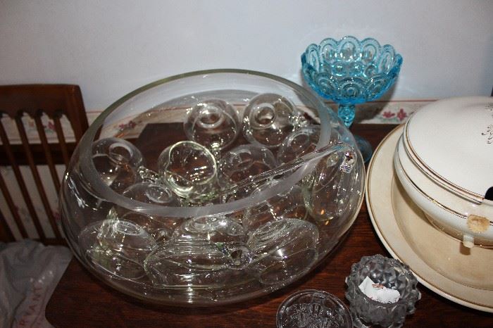Large, heavy crystal mid-century punch bowl with matching cups ; moon and stars pressed glass compote in blue