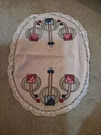 Table runnet, lace trimmed, and embroidered