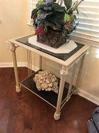 #2 metal cream color end table w glass top and shelf 24x18x27 $175.00