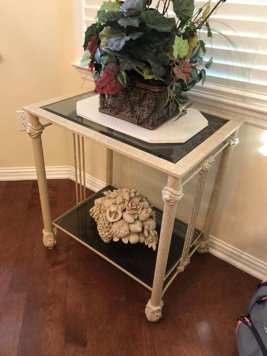 #2	metal cream color end table w glass top and shelf 24x18x27	 $175.00 	