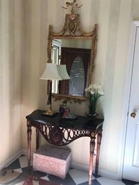 #10 black marble top mahogany base entry table 48x18x32 $200.00
#11 gold bevel mirror w flower on top 27x52 $200.00
#12 wood box w white diamond pattern design 19x11x11 $75.00