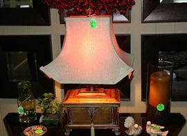 One of the prettiest Oriental lamps I have ever seen.  It is sitting on a cabinet below the 6 framed mirrors.