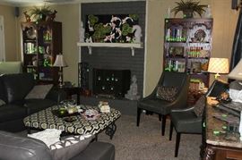 A full view of the fireplace and cabinets.