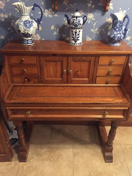 Oak Secretary Desk with Blue and White Collectibles