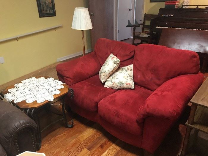 Red Loveseat and Coffee Table