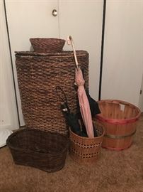 Wooden Baskets, Hamper, and Umbrellas