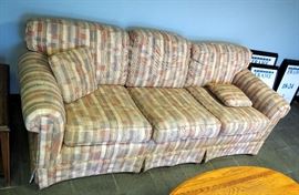 Shuford Furniture Upholstered Couch, 29"H x 88"W x 34"D, Wood Side Table, 20"H x 21"W x 27"D