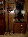 Vintage hall tree, chest, Bradley & Hubbard lamp