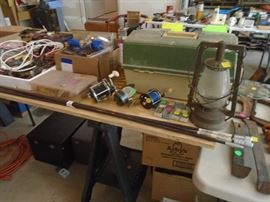 One Really old Vintage lantern! fishing reels, and lures
